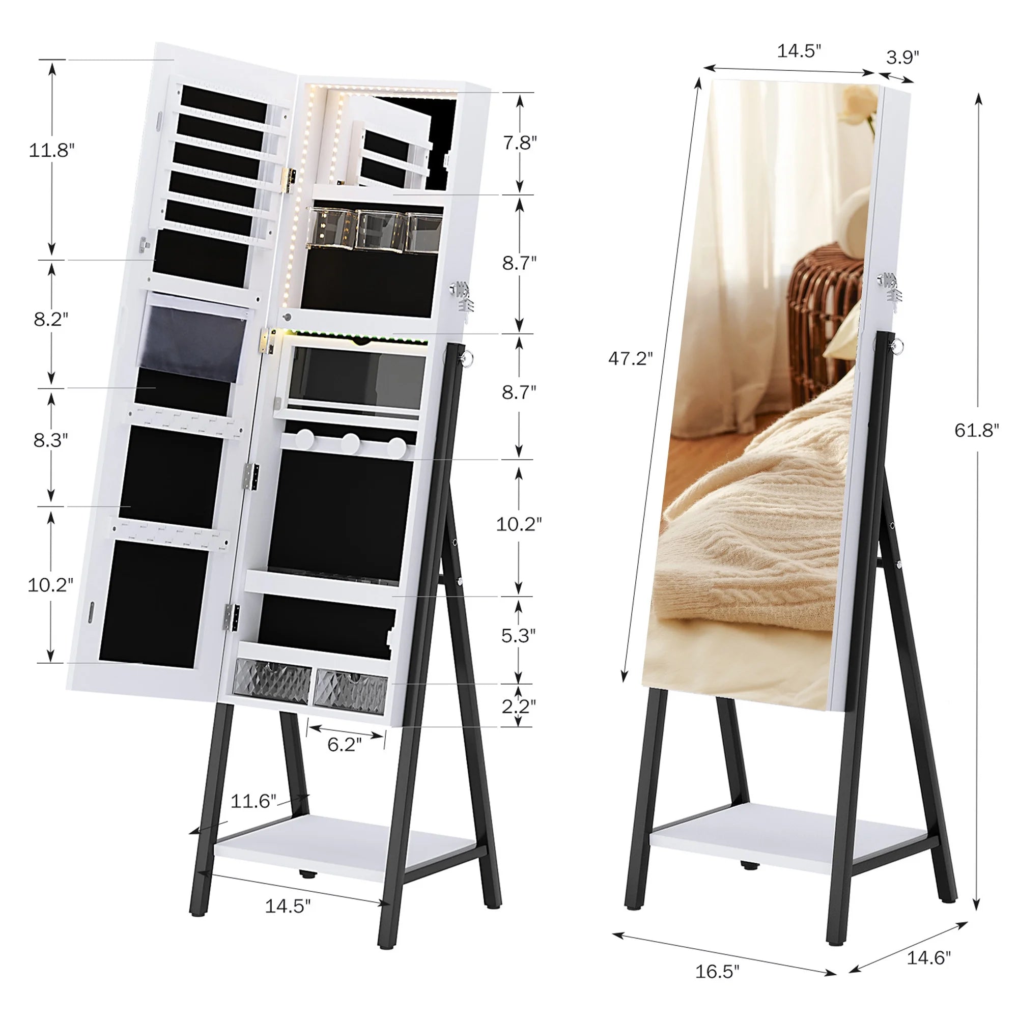 Full Mirror with Stand, Cheval Mirror Cabinet, Full Length Dressing Floor Mirror with LED Light Belt, White - 图片 5