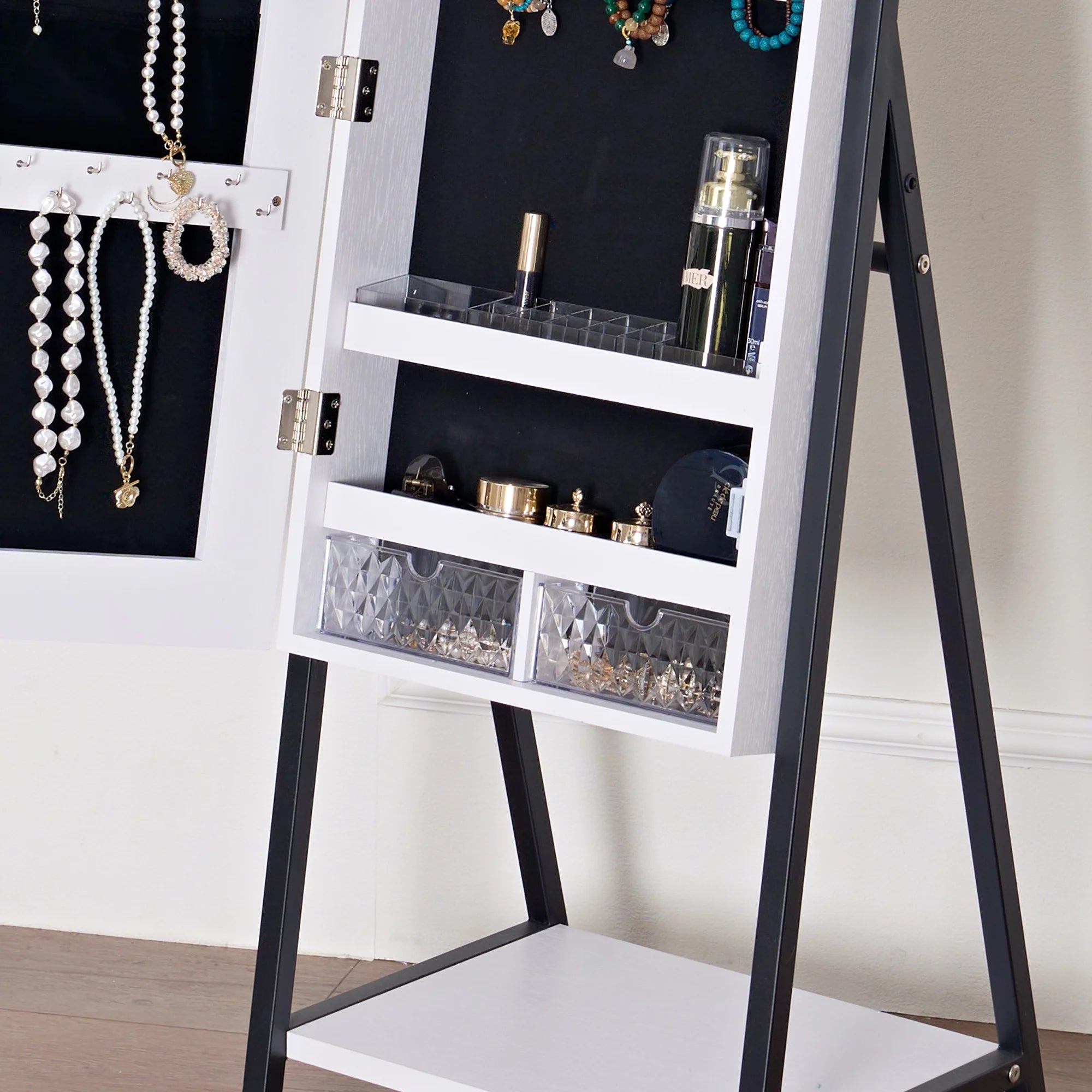 Full Mirror with Stand, Cheval Mirror Cabinet, Full Length Dressing Floor Mirror with LED Light Belt, White - 图片 4