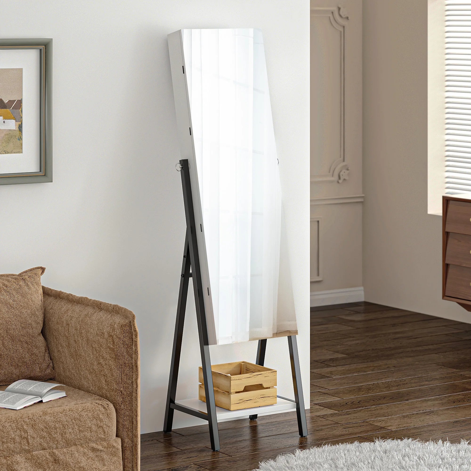 Full Mirror with Stand, Cheval Mirror Cabinet, Full Length Dressing Floor Mirror with LED Light Belt, White - 图片 3