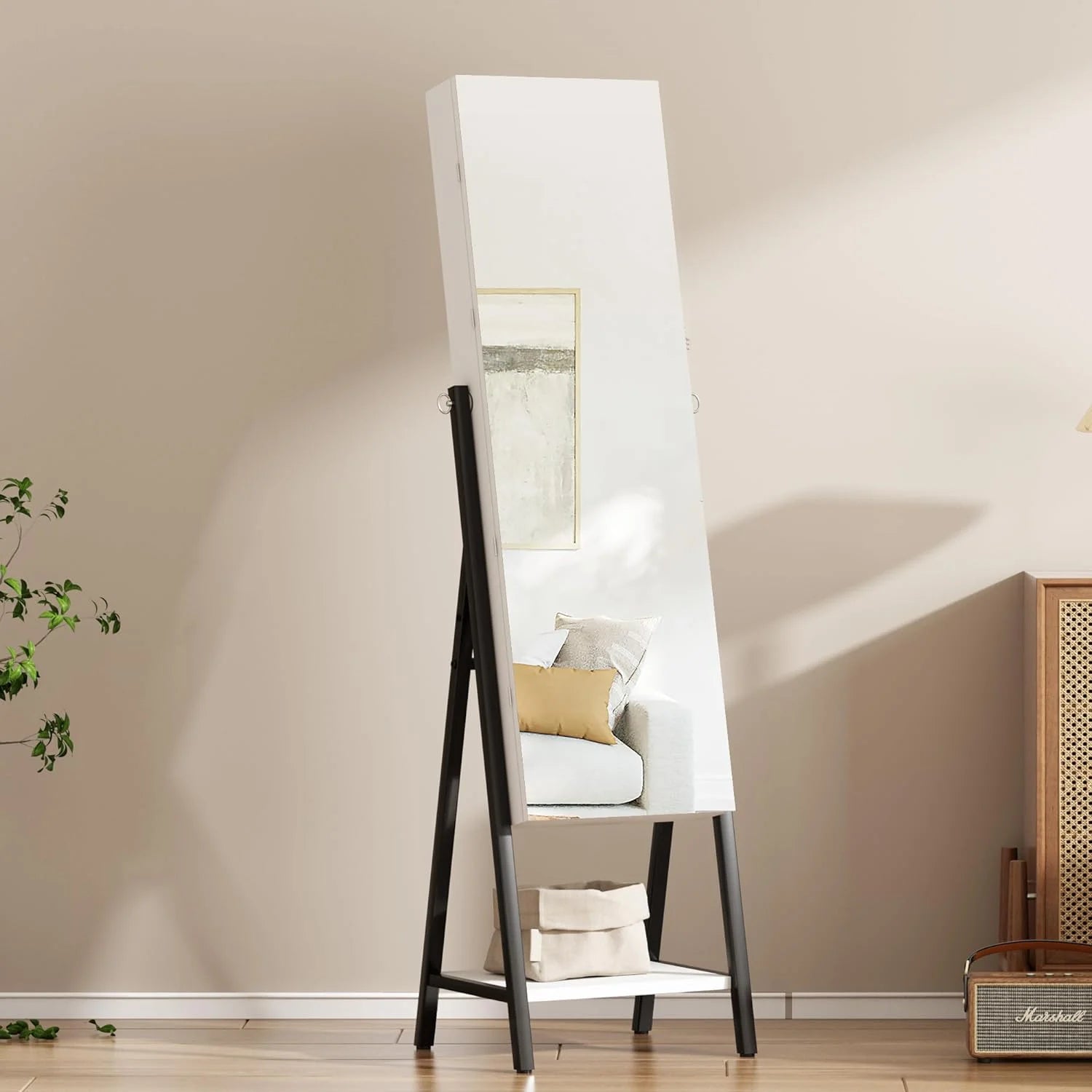 Full Mirror with Stand, Cheval Mirror Cabinet, Full Length Dressing Floor Mirror with LED Light Belt, White - 图片 7