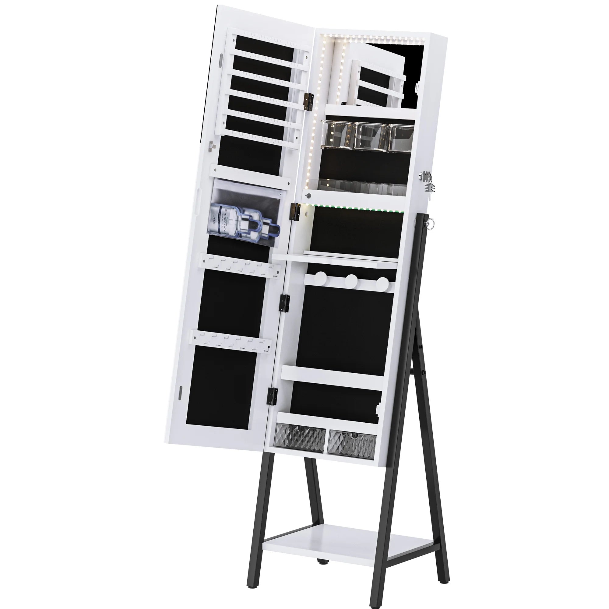 Full Mirror with Stand, Cheval Mirror Cabinet, Full Length Dressing Floor Mirror with LED Light Belt, White - 图片 6