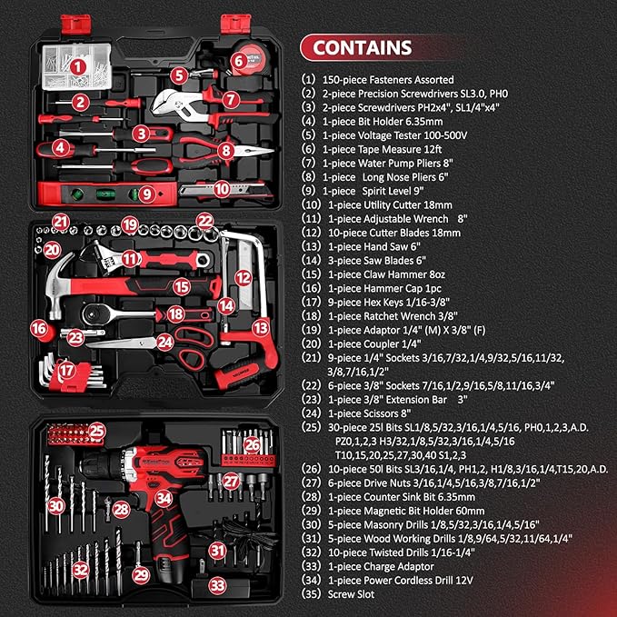 276 Piece Tool Set - Tool Set with 12V Cordless Drill Driver Tool Box Organizer with Drawer, Drill Bit Set is perfect for homeowners, DIY enthusiasts and handymen - 图片 4