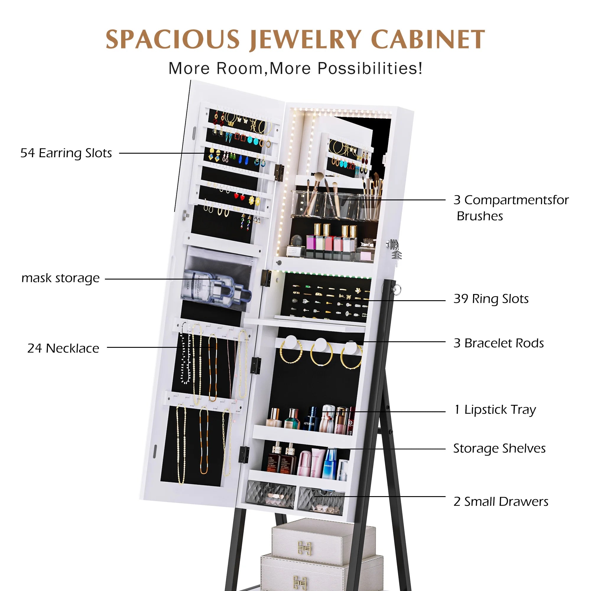 Full Mirror with Stand, Cheval Mirror Cabinet, Full Length Dressing Floor Mirror with LED Light Belt, White - 图片 2