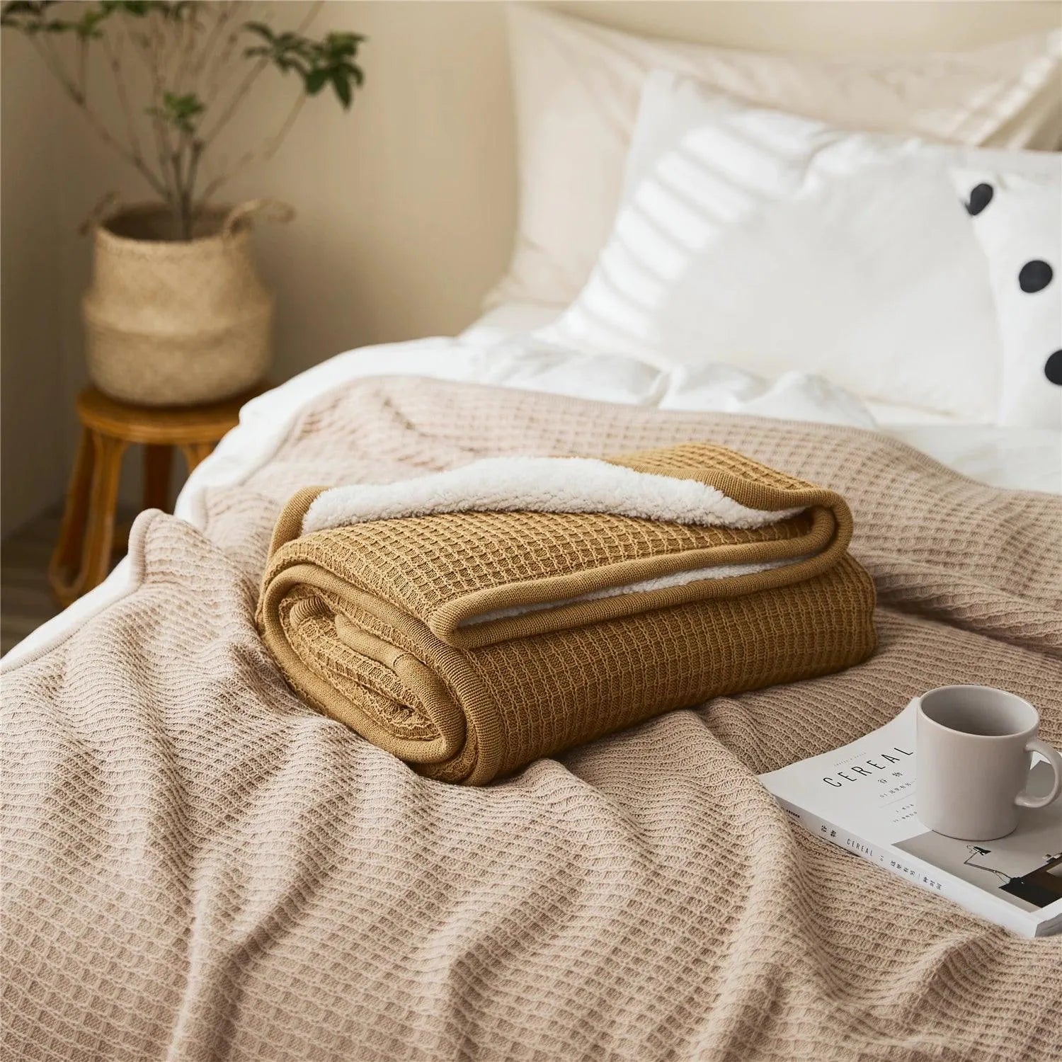 Knitted Cotton Sherpa Throw Blanket - 图片 5